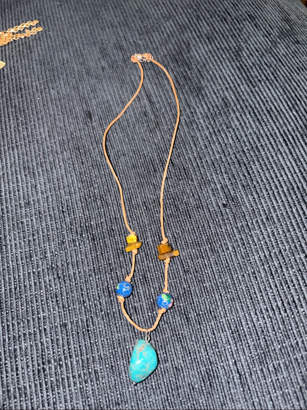 18-Handcrafted Turquoise Stone Pendant Necklace with Blue Beads Sterling silver